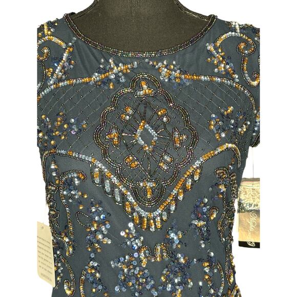 Pisarro Nights Embellished Beaded Maxi Dress Sz 2 Navy Formal Wedding Mesh Gown - Picture 3 of 8